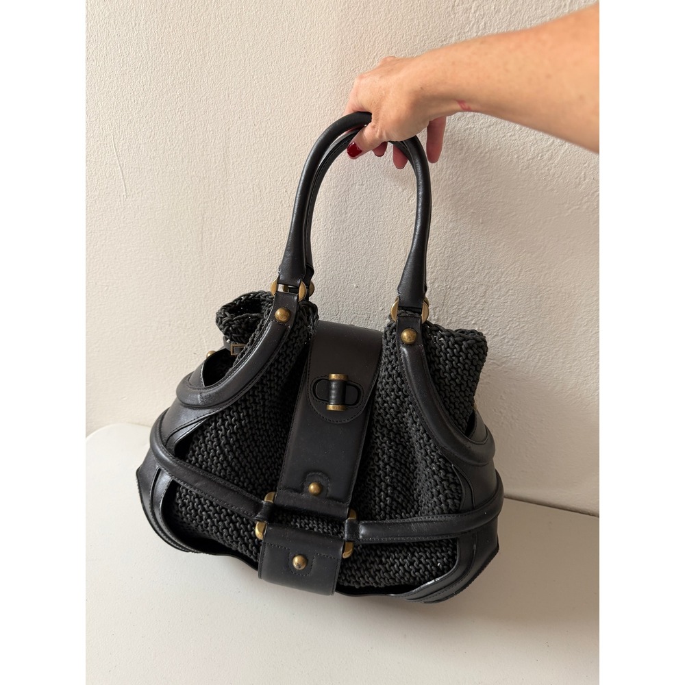Alexander McQueen Black Leather Crochet Novak Satchel Bag with Pouch Handbag